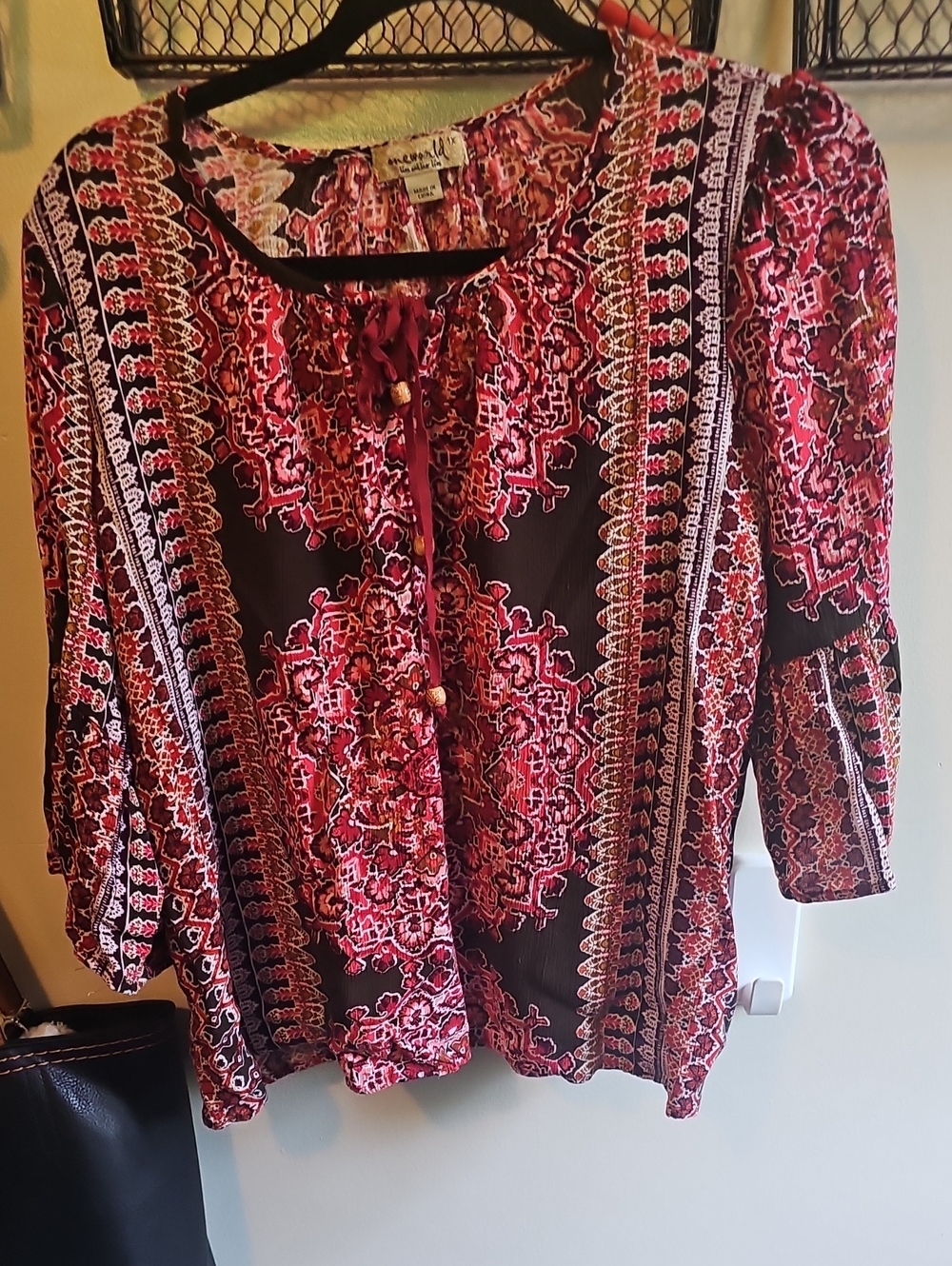 One World Women's Red Floral Tie-Neck Blouse